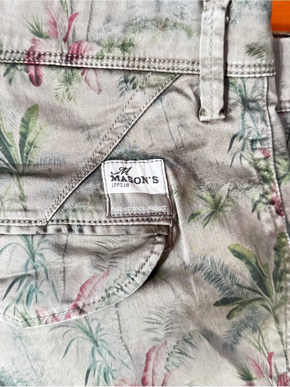 Mason Floral Print Flat Front Men’s Shorts in Beige with Green and Pink Accents